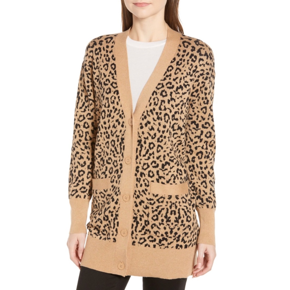 J Crew Leopard Jacquard V-Neck Cardigan XS